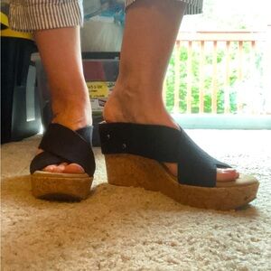 Merona high heeled black elastic cloth wedges cork heels fits size 10 also 9/9.5